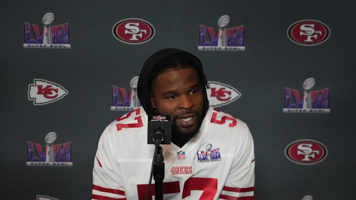 Dre Greenlaw at a press conference on Feb. 6, 2024.