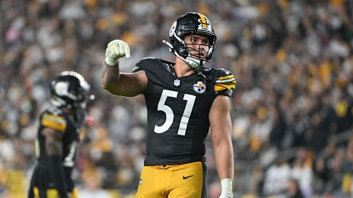 Oct 6, 2024; Pittsburgh, Pennsylvania, USA; Pittsburgh Steelers linebacker Nick Herbig (51) lines up against the Dallas Cowboys during the second half at Acrisure Stadium. Mandatory Credit: Barry Reeger-Imagn Images