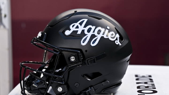 A detailed view of a Texas A&M Aggies helmet on the sideline prior to the game against the LSU Tigers at Kyle Field
