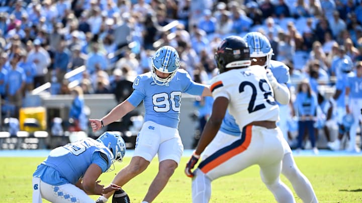 Oct 25, 2025; Chapel Hill, North Carolina, USA; North Carolina Tar Heels kicker Rece Verhoff (90) kic ks a field goal in the second quarer at Kenan Stadium. Mandatory Credit: Bob Donnan-Imagn Images Oct 25, 2025; Chapel Hill, North Carolina, USA; North Carolina Tar Heels kicker Rece Verhoff (90) kic ks a field goal in the second quarer at Kenan Stadium. Mandatory Credit: Bob Donnan-Imagn Images