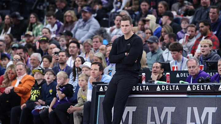 Dec 13, 2024; Salt Lake City, Utah, USA; Utah Jazz head coach Will Hardy watches play against the Phoenix Suns during the first quarter at Delta Center. Mandatory Credit: Rob Gray-Imagn Images