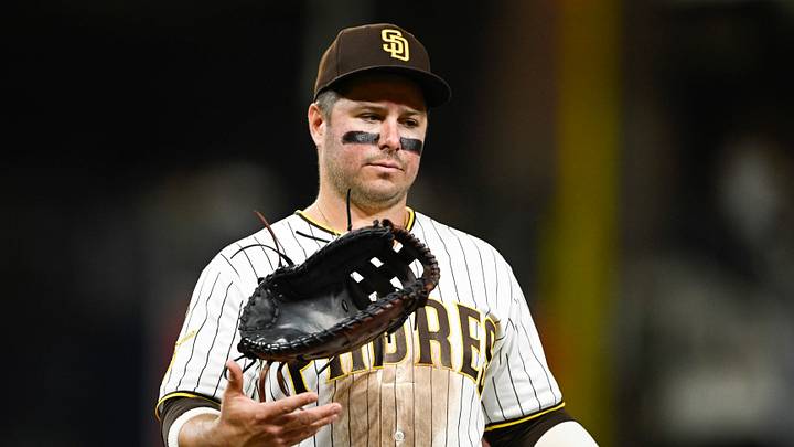 Sep 19, 2026; San Diego, California, USA; San Diego Padres first baseman Ty France (25) waits on first base during the eighth inning against the Miami Marlins at Petco Park. Mandatory Credit: Denis Poroy-Imagn Images Sep 19, 2026; San Diego, California, USA; San Diego Padres first baseman Ty France (25) waits on first base during the eighth inning against the Miami Marlins at Petco Park. Mandatory Credit: Denis Poroy-Imagn Images