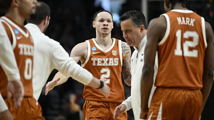 Mar 21, 2026; Portland, OR, USA; Texas Longhorns guard Chendall Weaver (2) reacts after a play in the first half against the Gonzaga Bulldogs during the NCAA Tournament.
