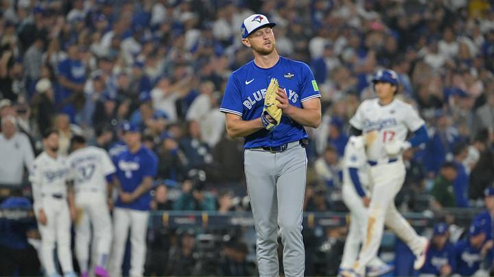 Oct 27, 2025; Los Angeles, California, USA; Toronto Blue Jays pitcher Eric Lauer (56) reacts in the thirteenth inning against the Los Angeles Dodgers during game three of the 2025 MLB World Series at Dodger Stadium. Mandatory Credit: Jayne Kamin-Oncea-Imagn Images Oct 27, 2025; Los Angeles, California, USA; Toronto Blue Jays pitcher Eric Lauer (56) reacts in the thirteenth inning against the Los Angeles Dodgers during game three of the 2025 MLB World Series at Dodger Stadium. Mandatory Credit: Jayne Kamin-Oncea-Imagn Images