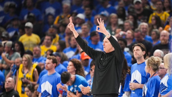 Jun 22, 2025; Oklahoma City, Oklahoma, USA; Indiana Pacers head coach Rick Carlisle gestures during the first half of game seven of the 2025 NBA Finals against the Oklahoma City Thunder at Paycom Center. Mandatory Credit: Kyle Terada-Imagn Images