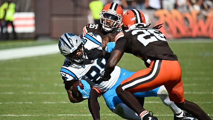 Sep 27, 2026; Cleveland, Ohio, USA; Cleveland Browns cornerback Myles Harden (26) and safety Emmanuel McNeil-Warren (28) tackle Carolina Panthers tight end Darren Waller (88) during the fourth quarter at Huntington Bank Field. Mandatory Credit: Ken Blaze-Imagn Images Sep 27, 2026; Cleveland, Ohio, USA; Cleveland Browns cornerback Myles Harden (26) and safety Emmanuel McNeil-Warren (28) tackle Carolina Panthers tight end Darren Waller (88) during the fourth quarter at Huntington Bank Field. Mandatory Credit: Ken Blaze-Imagn Images