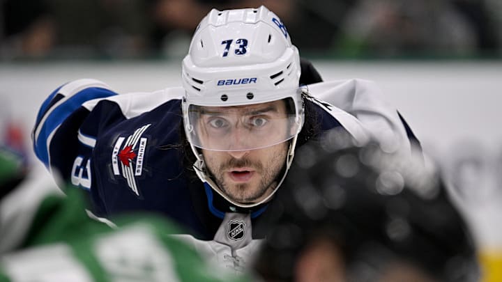 May 11, 2025; Dallas, Texas, USA; Winnipeg Jets left wing Brandon Tanev (73) waits for a faceoff against the Dallas Stars during the third period in game three of the second round of the 2025 Stanley Cup Playoffs at American Airlines Center. Mandatory Credit: Jerome Miron-Imagn Images