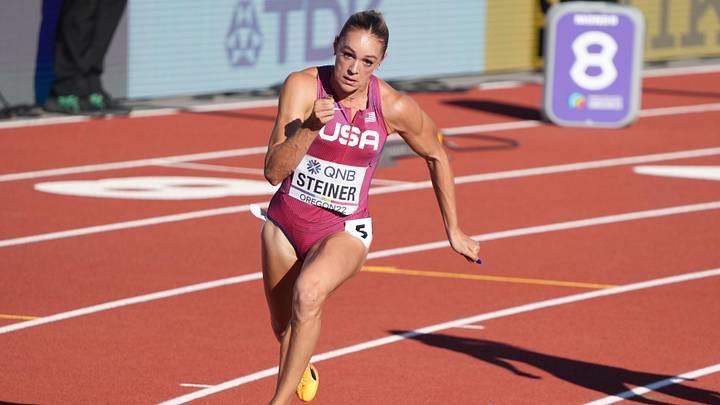 Jul 19, 2022; Eugene, Oregon, USA; Abby Steiner (USA) competes in a qualifying heat of the women's 200m during the World Athletics Championships Oregon 22 at Hayward Field. Steiner's Ohio high school 100-meter record still isn't in jeopardy.Mandatory Credit: Kirby Lee-Imagn Images Jul 19, 2022; Eugene, Oregon, USA; Abby Steiner (USA) competes in a qualifying heat of the women's 200m during the World Athletics Championships Oregon 22 at Hayward Field. Steiner's Ohio high school 100-meter record still isn't in jeopardy.Mandatory Credit: Kirby Lee-Imagn Images