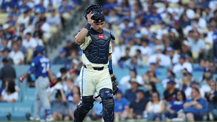 Aug 9, 2025; Los Angeles, California, USA; Los Angeles Dodgers catcher Dalton Rushing (68) walks to the dug out during the second inning at Dodger Stadium. Mandatory Credit: Kiyoshi Mio-Imagn Images