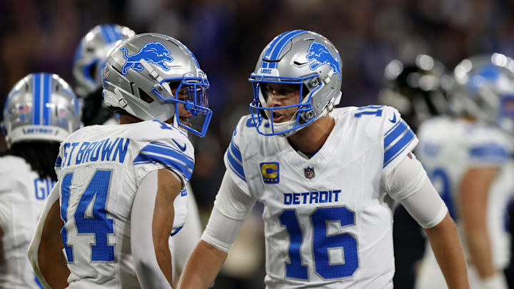 Sep 22, 2025; Baltimore, Maryland, USA; Detroit Lions quarterback Jared Goff (16) reacts with wide receiver Amon-Ra St. Brown (14) during the first half against the Baltimore Ravens at M&T Bank Stadium. Mandatory Credit: Peter Casey-Imagn Images Sep 22, 2025; Baltimore, Maryland, USA; Detroit Lions quarterback Jared Goff (16) reacts with wide receiver Amon-Ra St. Brown (14) during the first half against the Baltimore Ravens at M&T Bank Stadium. Mandatory Credit: Peter Casey-Imagn Images