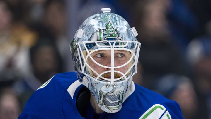 Thatcher Demko looks on during the Canucks' game against the Avalanche on Feb. 4.