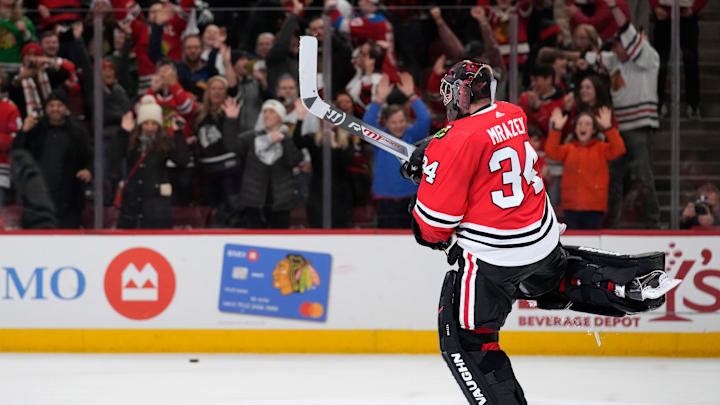 Petr Mrázek celebrates a shootout win