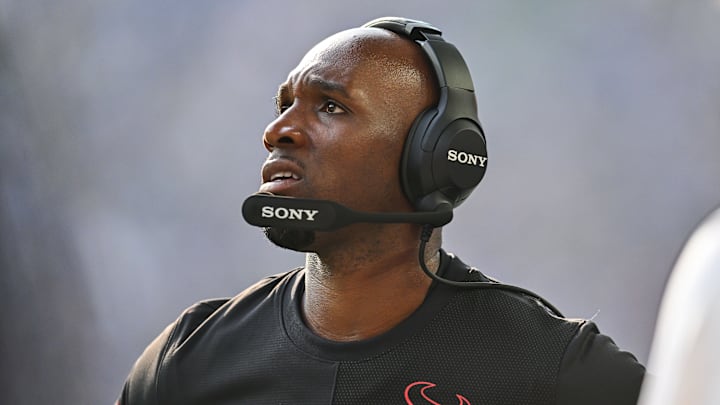 Aug 9, 2025; Minneapolis, Minnesota, USA; Houston Texans head coach Demeco Ryans looks on during the fourth quarter against the Minnesota Vikings at U.S. Bank Stadium. Mandatory Credit: Jeffrey Becker-Imagn Images