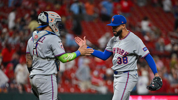 Mar 30, 2026; St. Louis, Missouri, USA; New York Mets pitcher Devin Williams (38) celebrates with catcher Francisco Alvarez (4) after the Mets defeated the St. Louis Cardinals at Busch Stadium. Mandatory Credit: Jeff Curry-Imagn Images Mar 30, 2026; St. Louis, Missouri, USA; New York Mets pitcher Devin Williams (38) celebrates with catcher Francisco Alvarez (4) after the Mets defeated the St. Louis Cardinals at Busch Stadium. Mandatory Credit: Jeff Curry-Imagn Images