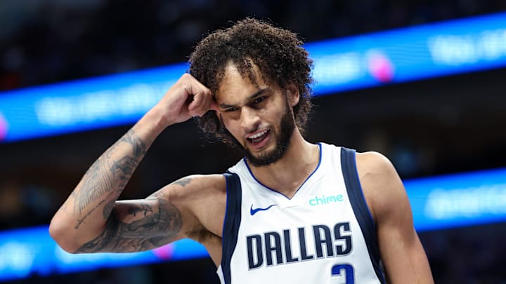 Oct 10, 2024; Dallas, Texas, USA; Dallas Mavericks center Dereck Lively II (2) reacts during the second half against the Utah Jazz at American Airlines Center. Mandatory Credit: Kevin Jairaj-Imagn Images