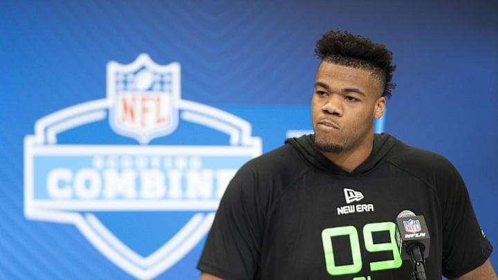 Mar 1, 2025; Indianapolis, IN, USA; University of Oregon offensive lineman Ajani Cornelius (OL09) answers questions at a press conference during the 2025 NFL Combine at Indiana Convention Center. Mandatory Credit: Jacob Musselman-Imagn Images
