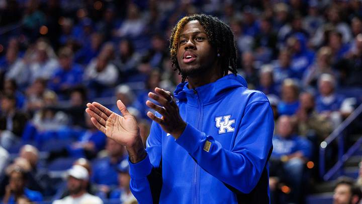 Oct 16, 2026; Lexington, KY, USA; Kentucky Wildcats guard Kam Williams celebrates from the bench during the first half against the Little Rock Trojans at Rupp Arena Central Bank Center. Mandatory Credit: Jordan Prather-Imagn Images Oct 16, 2026; Lexington, KY, USA; Kentucky Wildcats guard Kam Williams celebrates from the bench during the first half against the Little Rock Trojans at Rupp Arena Central Bank Center. Mandatory Credit: Jordan Prather-Imagn Images
