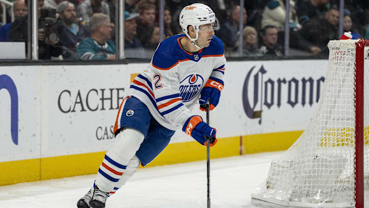 Dec 28, 2023; San Jose, California, USA; Edmonton Oilers defenseman Evan Bouchard (2) skates with