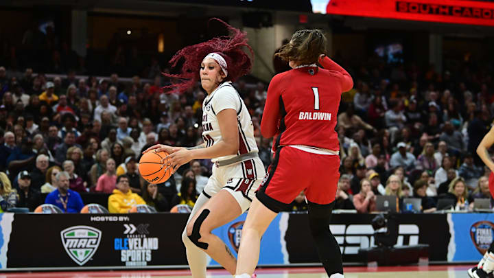 Apr 5, 2024; Cleveland, OH, USA; South Carolina Gamecocks center Kamilla Cardoso (10) attempts to