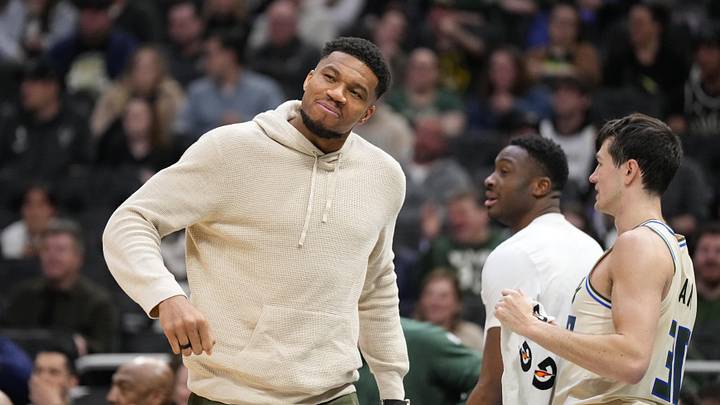 Apr 10, 2026; Milwaukee, Wisconsin, USA; Milwaukee Bucks forward Giannis Antetokounmpo reacts following a play during the second quarter against the Brooklyn Nets at Fiserv Forum. Mandatory Credit: Jeff Hanisch-Imagn Images Apr 10, 2026; Milwaukee, Wisconsin, USA; Milwaukee Bucks forward Giannis Antetokounmpo reacts following a play during the second quarter against the Brooklyn Nets at Fiserv Forum. Mandatory Credit: Jeff Hanisch-Imagn Images