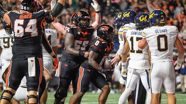 Aug 30, 2025; Corvallis, Oregon, USA; Oregon State Beavers running back Anthony Hankerson (0) scores a touchdown during the third quarter against the California Golden Bears at Reser Stadium. Mandatory Credit: Craig Strobeck-Imagn Images