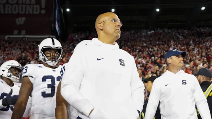 Penn State coach James Franklin stands on the field at Camp Randall Stadium prior to the game against the Wisconsin Badgers.