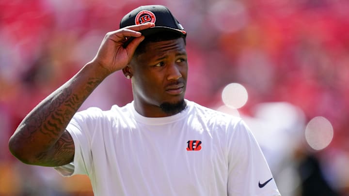 Injured Cincinnati Bengals wide receiver Tee Higgins (5) walks the field before the first quarter of the NFL Week 2 game between the Kansas City Chiefs and the Cincinnati Bengals at Arrowhead Stadium in Kansas City on Sunday, Sept. 15, 2024. The Bengals led 16-10 at halftime.