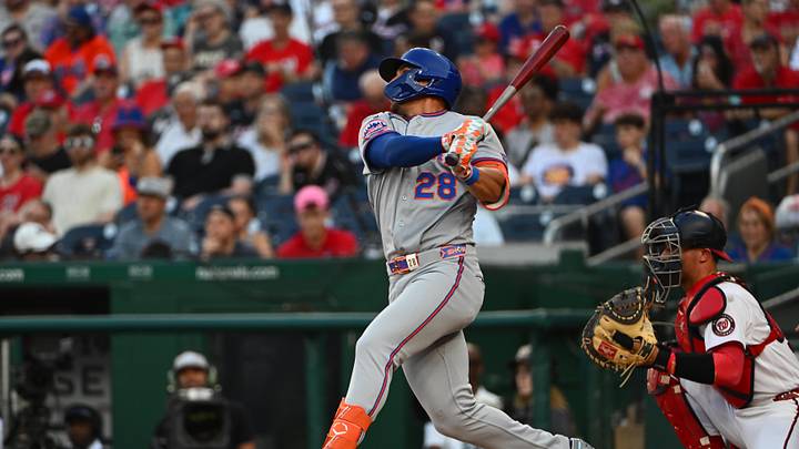 May 18, 2026; Washington, District of Columbia, USA; New York Mets left fielder Tyrone Taylor (28) doubles against the Washington Nationals during the second inning at Nationals Park. Mandatory Credit: Brad Mills-Imagn Images May 18, 2026; Washington, District of Columbia, USA; New York Mets left fielder Tyrone Taylor (28) doubles against the Washington Nationals during the second inning at Nationals Park. Mandatory Credit: Brad Mills-Imagn Images