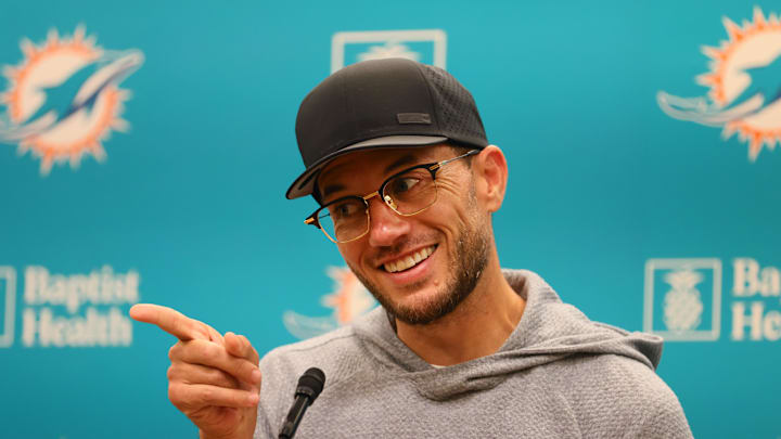 Jun 5, 2024; Miami Gardens, FL, USA; Miami Dolphins head coach Mike McDaniel speaks to reporters during mandatory minicamp at Baptist Health Training Complex. Mandatory Credit: Sam Navarro-USA TODAY Sports