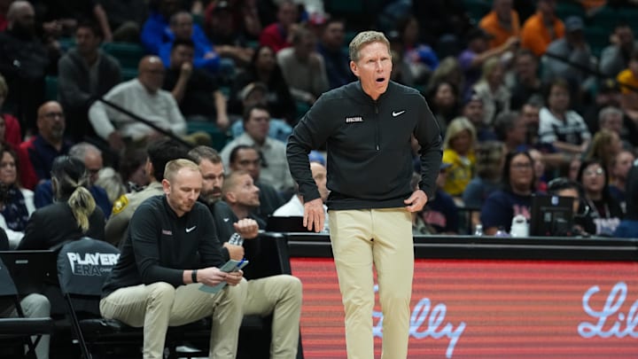 Nov 26, 2025; Las Vegas, NV, USA; Gonzaga Bulldogs head coach Mark Few reacts in the first half against the Michigan Wolverines in the 2025 Players Era Festival championship game at MGM Grand Garden Arena.