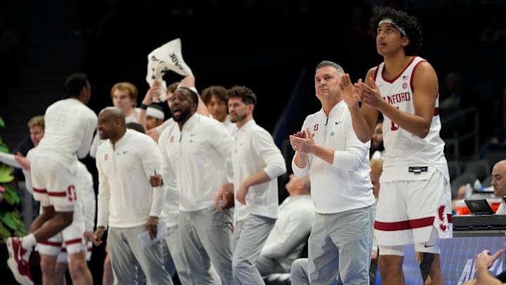 Mar 12, 2025; Charlotte, NC, USA; Stanford Cardinal head coach Kyle Smith reacts in the first half at Spectrum Center. Mandatory Credit: Bob Donnan-Imagn Images