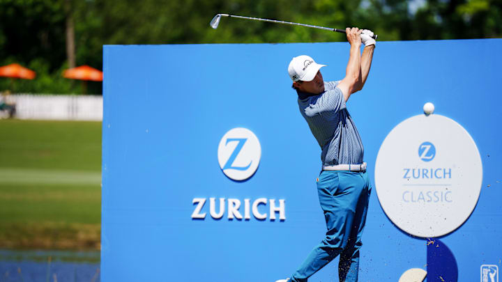 Apr 22, 2023; Avondale, Louisiana, USA; Matt Fitzpatrick hits a tee shot on the ninth hole during