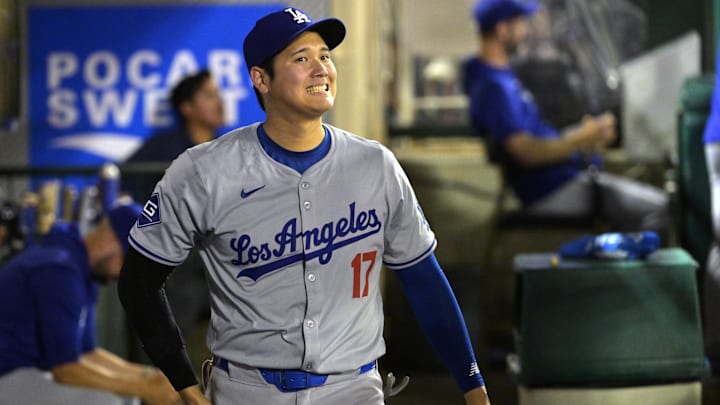 Sep 3, 2024; Anaheim, California, USA;  Los Angeles Dodgers designated hitter Shohei Ohtani (17) looks on from the dugout against the Los Angeles Angels at Angel Stadium. Mandatory Credit: Jayne Kamin-Oncea-Imagn Images
