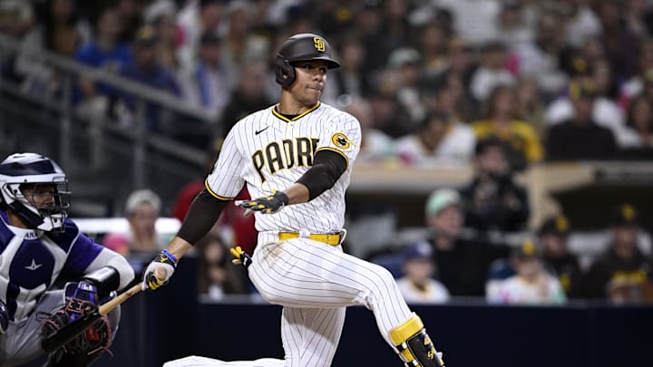 Sep 18, 2023; San Diego, California, USA; San Diego Padres left fielder Juan Soto (22) hits an RBI