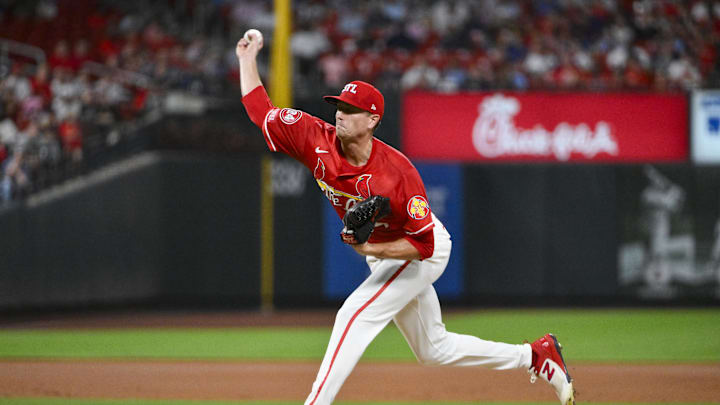 Sep 20, 2024; St. Louis, Missouri, USA; St. Louis Cardinals starting pitcher Kyle Gibson (44) pitches against the Cleveland Guardians during the first inning at Busch Stadium. Mandatory Credit: Jeff Curry-Imagn Images