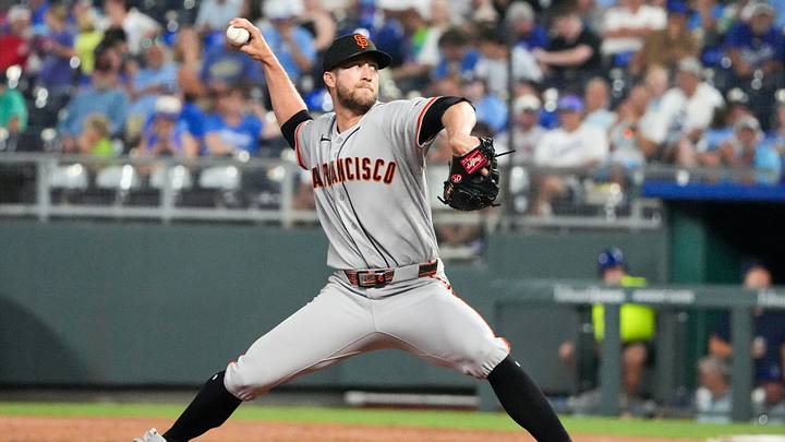 Jul 21, 2026; Kansas City, Missouri, USA; San Francisco Giants pitcher Caleb Kilian (45) delivers a pitch against the Kansas City Royals during the ninth inning at Kauffman Stadium. Mandatory Credit: Denny Medley-Imagn Images