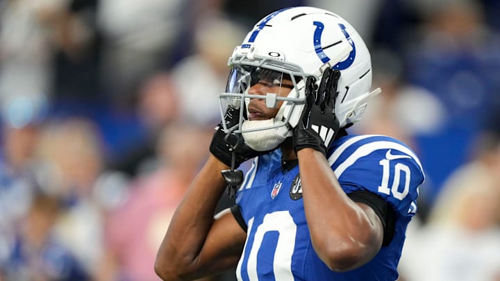 Indianapolis Colts wide receiver Adonai Mitchell (10) warms up Sunday, Oct. 5, 2025, before a game against the Las Vegas Raiders at Lucas Oil Stadium in Indianapolis.