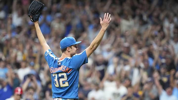 Jun 12, 2026; Milwaukee, Wisconsin, USA; Milwaukee Brewers pitcher Jacob Misiorowski (32) celebrate a nine innings 6-0 win over the Philadelphia Phillies at American Family Field. Misiorowski (32) pitched all nine innings of the game. Mandatory Credit: Michael McLoone-Imagn Images
