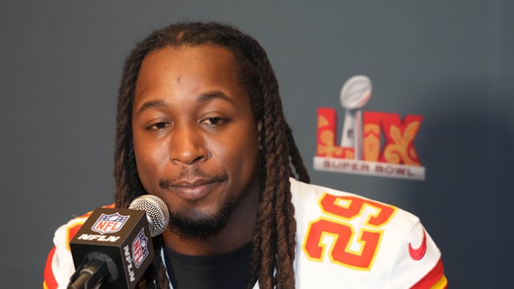 Feb 4, 2025; New Orleans, LA, USA;  Kansas City Chiefs running back Kareem Hunt (29) at a press conference in advance of Super Bowl LIX at New Orleans Marriott. Mandatory Credit: Kirby Lee-Imagn Images