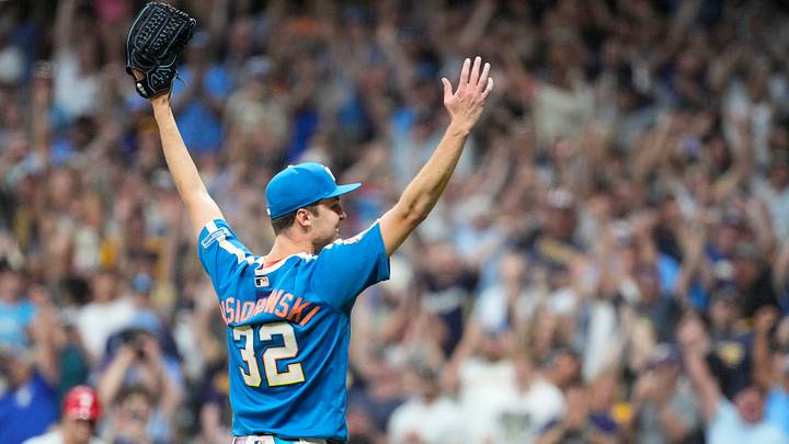 Jun 12, 2026; Milwaukee, Wisconsin, USA; Milwaukee Brewers pitcher Jacob Misiorowski (32) celebrate a nine innings 6-0 win over the Philadelphia Phillies at American Family Field. Misiorowski (32) pitched all nine innings of the game. Mandatory Credit: Michael McLoone-Imagn Images