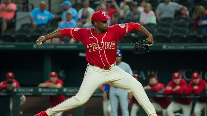 May 8, 2026; Arlington, Texas, USA; Texas Rangers pitcher Kumar Rocker (80) throws to the plate during the first inning against the Chicago Cubs at Globe Life Field. Mandatory Credit: Raymond Carlin III-Imagn Images