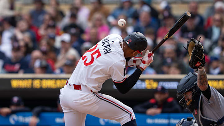 Apr 12, 2025; Minneapolis, Minnesota, USA; Minnesota Twins center fielder Byron Buxton (25) gets hit by the pitch during the seventh inning against the Detroit Tigers at Target Field. Mandatory Credit: Jordan Johnson-Imagn Images Apr 12, 2025; Minneapolis, Minnesota, USA; Minnesota Twins center fielder Byron Buxton (25) gets hit by the pitch during the seventh inning against the Detroit Tigers at Target Field. Mandatory Credit: Jordan Johnson-Imagn Images