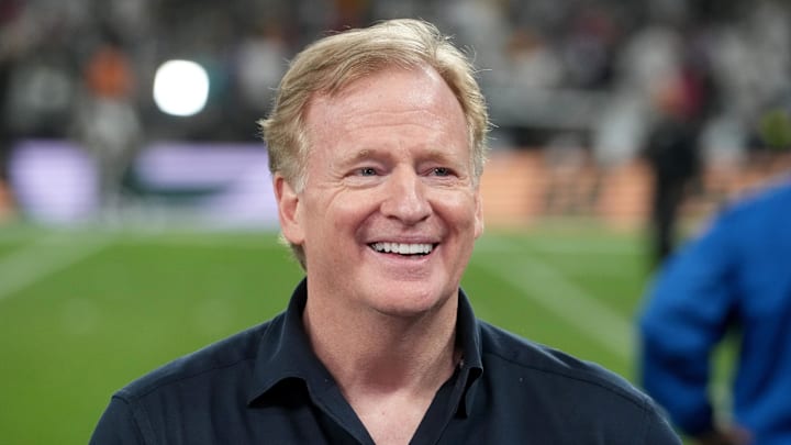 Sep 6, 2024; Sao Paulo, BRA; NFL commissioner Roger Goodell before a game in Brazil between the Green Bay Packers and Philadelphia Eagles at Neo Quimica Arena. Mandatory Credit: Kirby Lee-Imagn Images Sep 6, 2024; Sao Paulo, BRA; NFL commissioner Roger Goodell before a game in Brazil between the Green Bay Packers and Philadelphia Eagles at Neo Quimica Arena. Mandatory Credit: Kirby Lee-Imagn Images