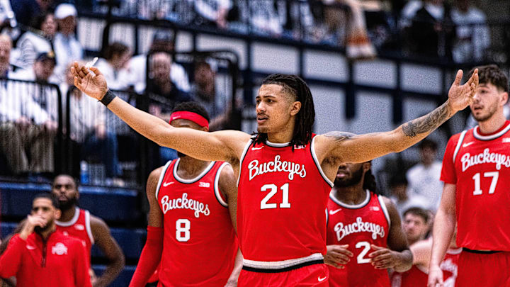 Ohio State's Devin Royal (21) shows his frustration after his team gets a foul call on January 30, 2025