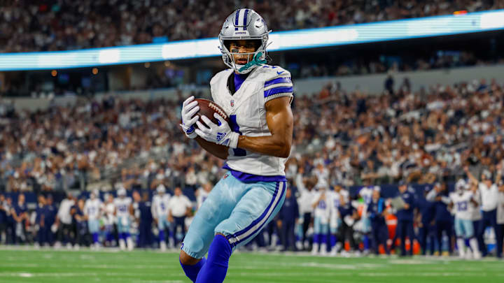 Sep 22, 2024; Arlington, Texas, USA; Dallas Cowboys wide receiver Jalen Tolbert (1) catches a touchdown pass during the fourth quarter against the Baltimore Ravens at AT&T Stadium. Mandatory Credit: Andrew Dieb-Imagn Images