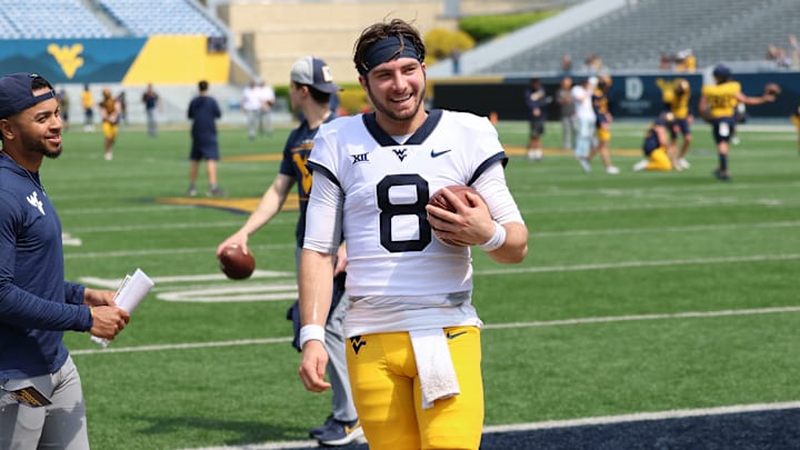West Virginia University quarterback Nicco Marchiol warming up prior to the 2024 Gold-Blue Spring Game.