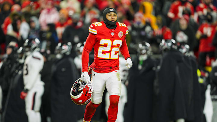 Jan 18, 2025; Kansas City, Missouri, USA; Kansas City Chiefs cornerback Trent McDuffie (22) reacts during the second half against Houston Texans in a 2025 AFC divisional round game at GEHA Field at Arrowhead Stadium. Mandatory Credit: Jay Biggerstaff-Imagn Images