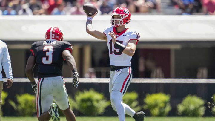Apr 13, 2024; Athens, GA, USA; Georgia Bulldogs quarterback Carson Beck (15) Apr 13, 2024; Athens, GA, USA; Georgia Bulldogs quarterback Carson Beck (15)