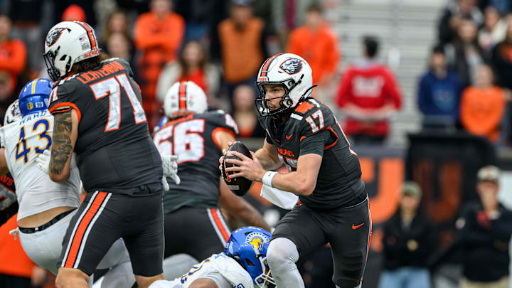 Nov 9, 2024; Corvallis, Oregon, USA; Oregon State Beavers quarterback Ben Gulbranson (17) runs out of the pocket during the second half against the San Jose State Spartans at Reser Stadium. Mandatory Credit: Craig Strobeck-Imagn Images