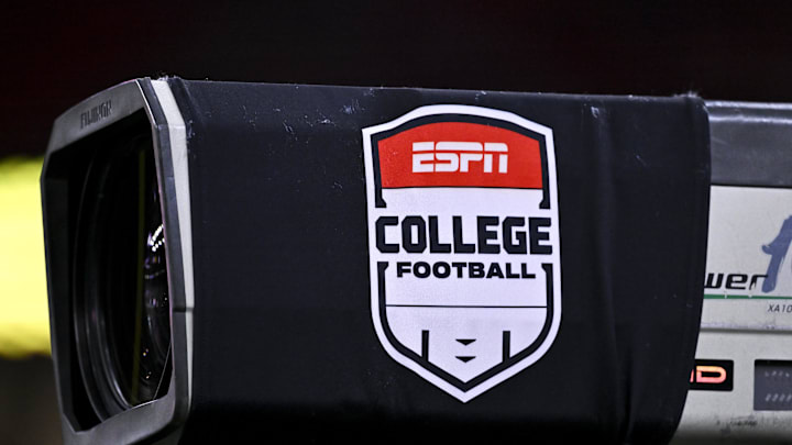 A detail view of ESPN College Football logo on a TV camera prior to the game.
